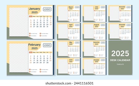 Modern Desk Calendar 2025, Office Calendar 2025,Week Starts on sunday, template for annual calendar 2025.