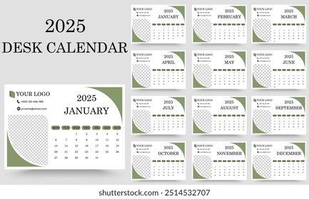 Modern Desk Calendar 2025, Office Calendar 2025, Semana Começa na segunda-feira, Modelo para o calendário anual 2025.