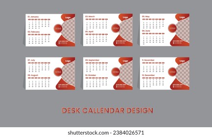 Modern desk calendar design 2024,Desk Calendar Design 2024 Template, 12 Months Included,Week starts on Sunday.