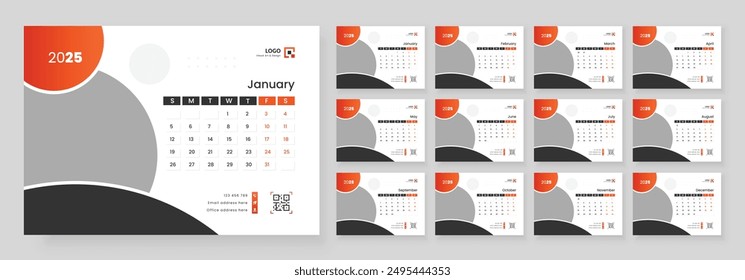 Modern Desk Calendar Template 2025, New Year 2025 table calendar, Minimalist desk calendar 2025 template. Week start on Sunday.