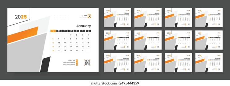 Modern Desk Calendar Template 2025, New Year 2025 table calendar, Minimalist desk calendar 2025 template. Week start on Sunday.