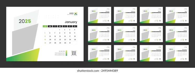 Modern Desk Calendar Template 2025, New Year 2025 table calendar, Minimalist desk calendar 2025 template. Week start on Sunday.