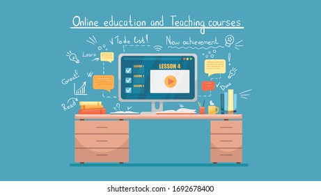 Modern Desk with computer and documents. Workplace for work or study at home, use for web template banner and presentations. Hand drawn elements for online courses. Vector cartoon flat illustration