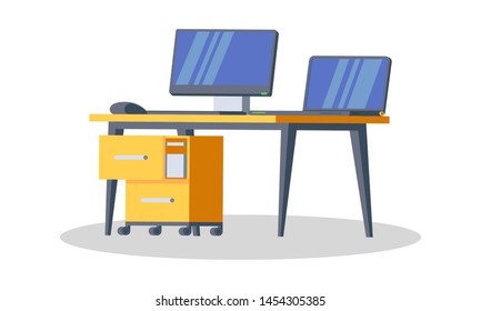Modern desk with computer, lamp, folders, books, cup of tea or coffee, stationeries. Furniture item for interior of workplace at office or at home. Vector flat detailed icon isolated on white.