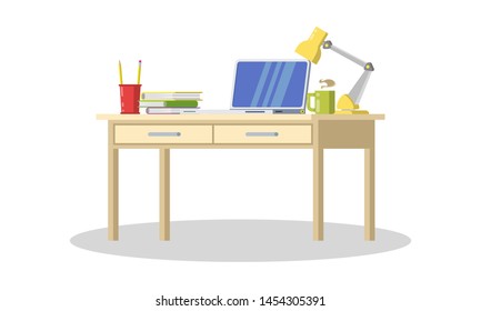 Modern desk with computer, lamp, folders, books, cup of tea or coffee, stationeries. Furniture item for interior of workplace at office or at home. Vector flat detailed icon isolated on white.