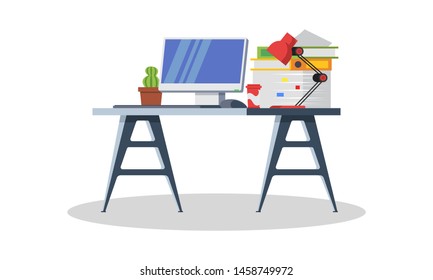 Modern desk with computer, lamp, folders, books, cup of tea or coffee, stationeries. Furniture item for interior of workplace at office or at home. Vector flat detailed icon isolated on white.