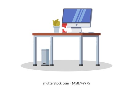 Modern desk with computer, lamp, folders, books, cup of tea or coffee, stationeries. Furniture item for interior of workplace at office or at home. Vector flat detailed icon isolated on white.