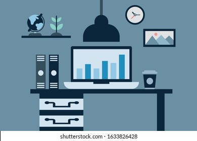 Modern Desk with computer set documents and stationery is Workplace for graphic designer and photographer use for web template banner and presentations