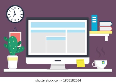 Modern Desk with computer set documents and stationery is Workplace for graphic designer and photographer use for web template banner and presentations ,flat computer icon set vector design