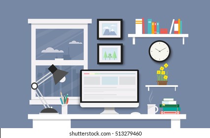 Modern Desk with computer set  documents and stationery is  Workplace for graphic designer and photographer  use for web template  banner and presentations ,flat computer icon set vector design