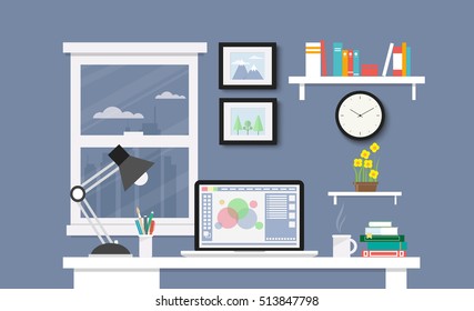 Modern Desk with computer set  documents and stationery is  Workplace for graphic designer and photographer  use for web template  banner and presentations ,flat computer icon set vector design