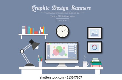 Modern Desk with computer set  documents and stationery is  Workplace for graphic designer and photographer  use for web template  banner and presentations ,flat computer icon set vector design
