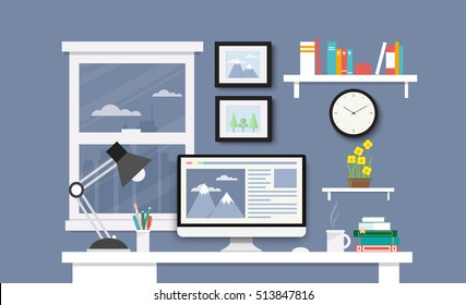 Modern Desk with computer set  documents and stationery is  Workplace for graphic designer and photographer  use for web template  banner and presentations ,flat computer icon set vector design