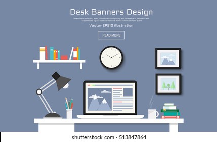 Modern Desk with computer set  documents and stationery is  Workplace for graphic designer and photographer  use for web template  banner and presentations ,flat computer icon set vector design