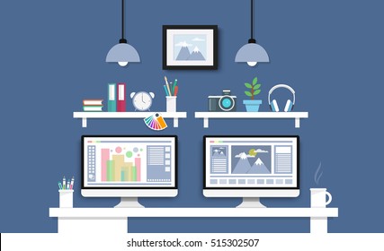 Modern Desk with computer set  documents and stationery is  Workplace for graphic designer and photographer  use for web template  banner and presentations ,flat computer icon set vector design