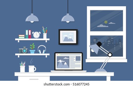 Modern Desk with computer set  documents and stationery is  Workplace for graphic designer and photographer  use for web template  banner and presentations ,flat computer icon set vector design