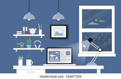 Modern Desk with computer set  documents and stationery is  Workplace for graphic designer and photographer  use for web template  banner and presentations ,flat computer icon set vector design