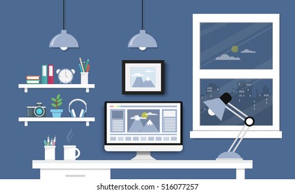 Modern Desk with computer set  documents and stationery is  Workplace for graphic designer and photographer  use for web template  banner and presentations ,flat computer icon set vector design