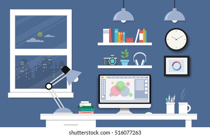 Modern Desk with computer set  documents and stationery is  Workplace for graphic designer and photographer  use for web template  banner and presentations ,flat computer icon set vector design