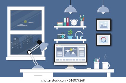 Modern Desk with computer set  documents and stationery is  Workplace for graphic designer and photographer  use for web template  banner and presentations ,flat computer icon set vector design