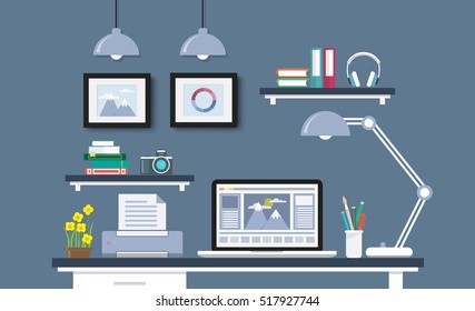 Modern Desk with computer set  documents and stationery is  Workplace for graphic designer and photographer  use for web template  banner and presentations ,flat computer icon set vector design