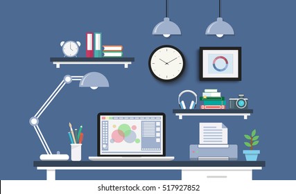Modern Desk with computer set  documents and stationery is  Workplace for graphic designer and photographer  use for web template  banner and presentations ,flat computer icon set vector design