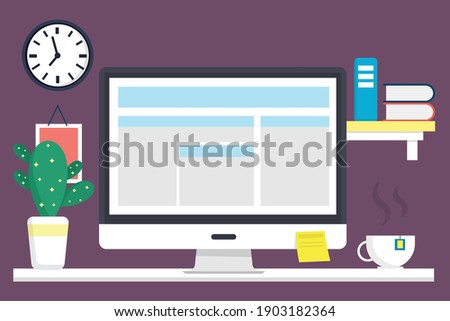 Modern Desk with computer set documents and stationery is Workplace for graphic designer and photographer use for web template banner and presentations ,flat computer icon set vector design