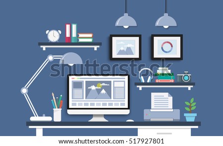 Modern Desk with computer set  documents and stationery is  Workplace for graphic designer and photographer  use for web template  banner and presentations ,flat computer icon set vector design
