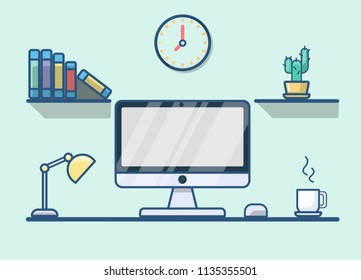 Modern Desk with computer set is Workplace for graphic designer and photographer use for web template banner and presentations ,flat computer icon set vector design