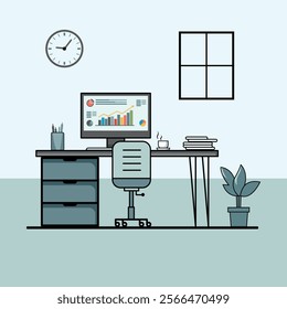 Modern desk with a computer. Working table. Working table flat design Concept