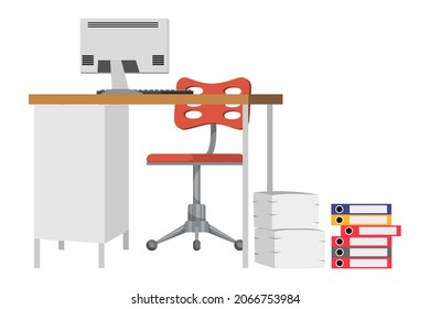 Modern desk for modern home office freelancer with table chair and drawer with pc computer some paper pile folders