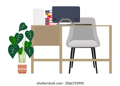 Modern desk for modern home office freelancer with table chair and drawer with pc computer some paper pile folders with house plants