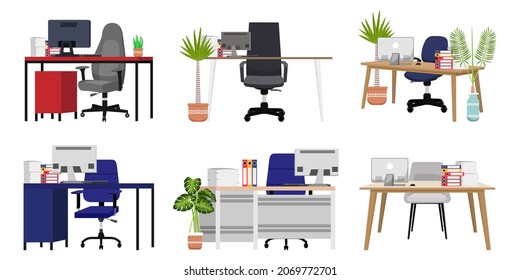 Modern desk set for home office freelancer with different design with chair table drawer cabinet some paper pile file folder and house plants isolated