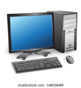 The Modern Desktop Black Computer With Monitor, Keyboard And Mouse On The White Background