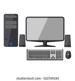 The modern desktop black computer with monitor, keyboard, mouse and sound system. Workstation in flat style. Illustration isolated on white background.