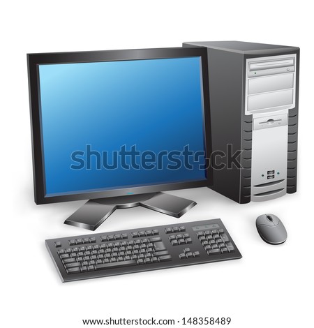 The modern desktop black computer with monitor, keyboard and mouse on the white background