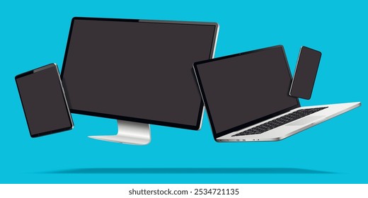 Moderner Desktop-Computer, Laptop und Tablet-PC mit leeren Bildschirmen. Digitale Geräte, Levitation auf blauem Hintergrund.