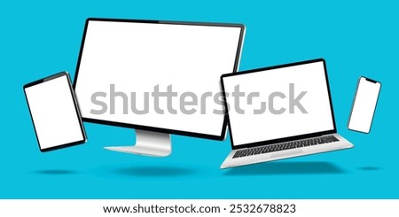 Modern desktop computer, laptop, and tablet mockup with white blank screens. Digital devices levitation on blue background.