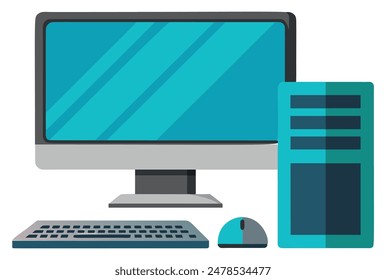 Modern desktop computer setup with keyboard and mouse. Vector illustration