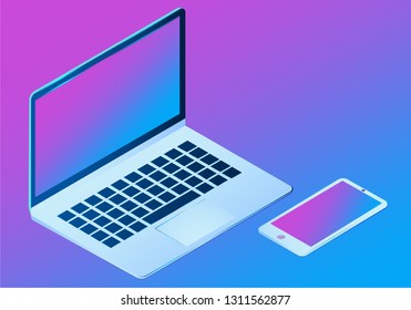 Modern desktop computer and smart phone isolated. PC blank screen display. monitor with empty screen. copy space on device mock up.