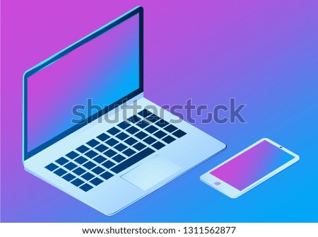 Modern desktop computer and smart phone isolated. PC blank screen display. monitor with empty screen. copy space on device mock up.