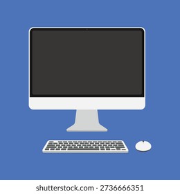 Modern desktop computer with wireless keyboard and mouse on blue background vector illustration.