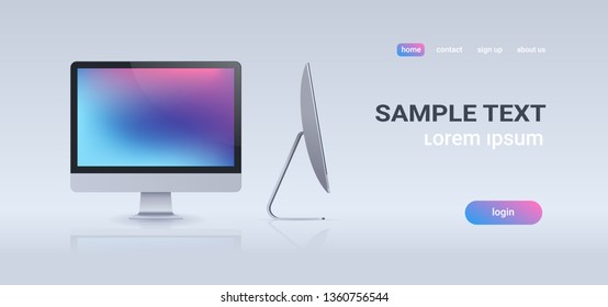 modern desktop monitor workstation blank computer display front and side view digital technology concept gray background horizontal banner copy space