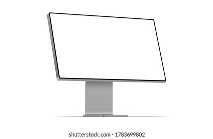 Modern desktop PC mockup with blank screen isolated on white background, perspective side view. Vector illustration