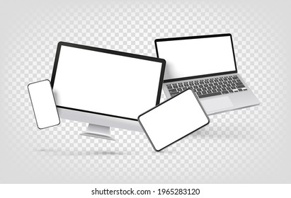 Moderno equipo personal de escritorio, laptop y tablet parodiados con pantallas en blanco. Objetos aislados sobre fondo transparente con efecto de levitación
