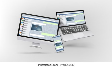 Modern desktop personal computer, laptop and smartphone mockup with messenger interface on screens. Levitation effect