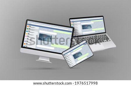 Modern desktop personal computer, laptop, and tablet mockup with messenger interface on screens. Levitation effect
