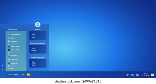 Escritorio moderno con menú de inicio y programas en pantalla en color azul. Ventana del sistema operativo con panel de control.
