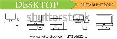 Modern Desktop and Workspace Line Icons Set with Editable Stroke
