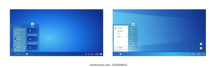 Modern desktops in blue color with start menu and account options. Operating system window with office software.
